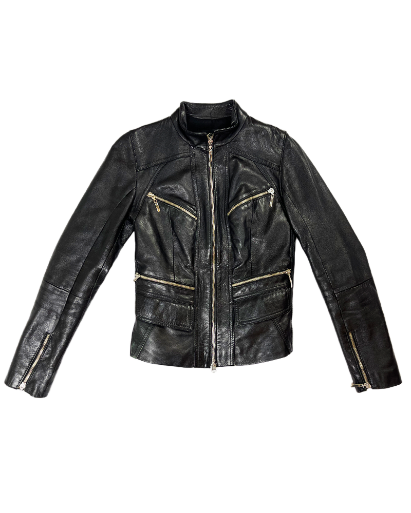 00's Biker Black Leather Jacket - Main