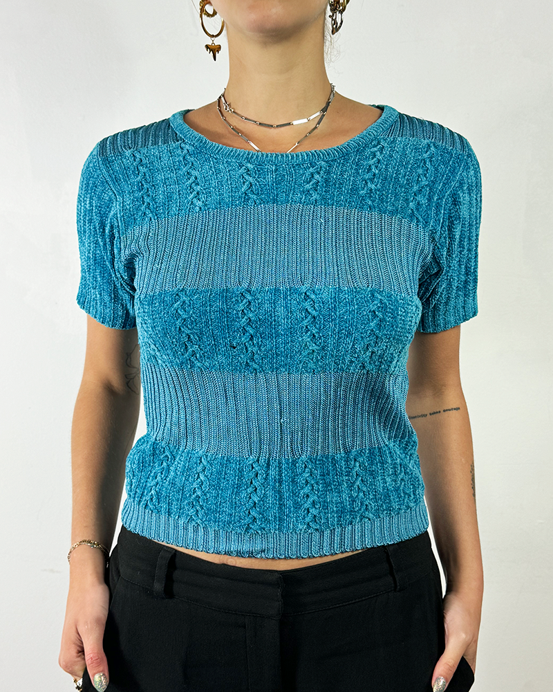 Turquoise 70's Velvet Crochet Top - Main