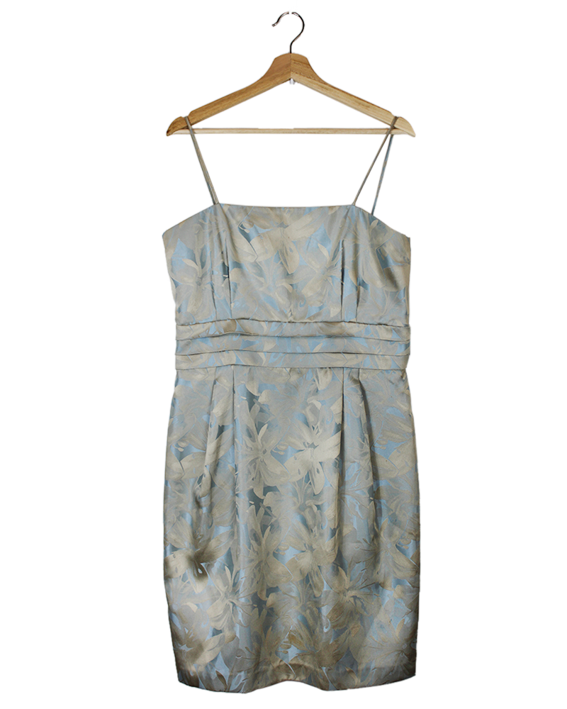 Flowered Light Blue Satin Dress - Main
