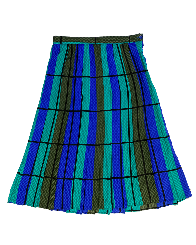 Green and Blue Checkered Flowy Pleaded Skirt - Main