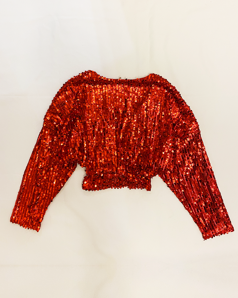 Red Sequin Deep V-Neck Crop Top - Detailed View