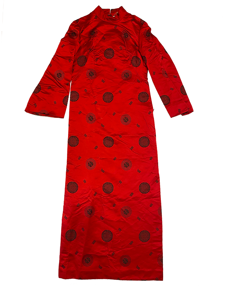 Satin Red Oriental Style Maxi Dress - Main