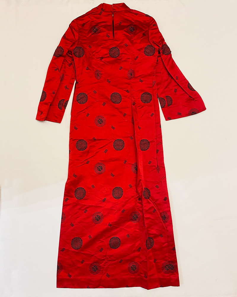 Satin Red Oriental Style Maxi Dress - Detailed View