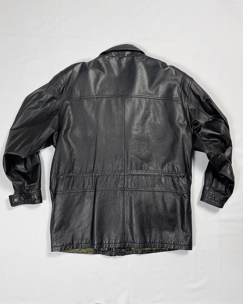 Black Leather Parka Coat - Detailed View