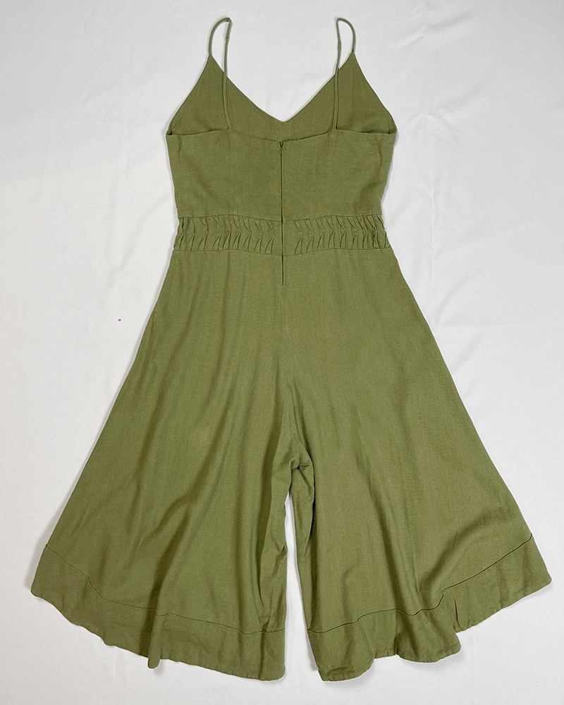 Olive Green Linen Ibiza Jumpsuit - Detailed View