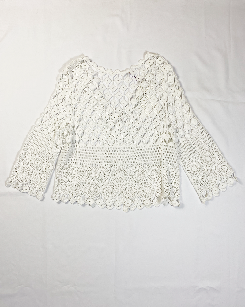 White Boho Cotton Lace Cardigan - Detailed View
