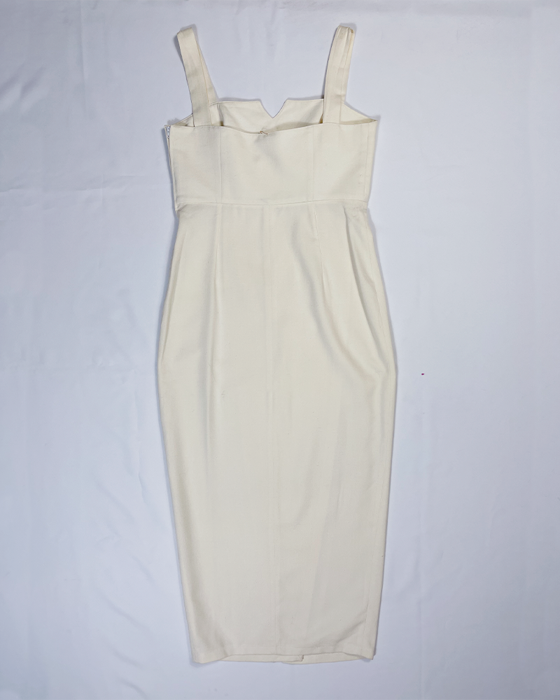 White Linen Cocktail Midi Dress - Detailed View