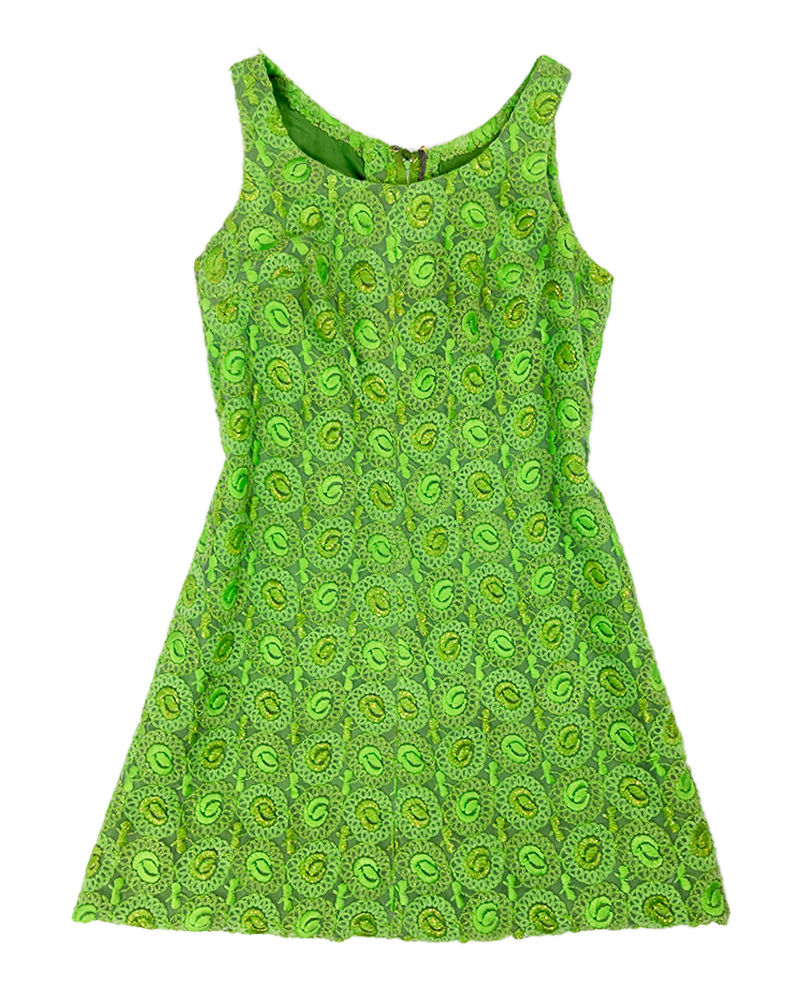 60s Lime Green Glittery Lace Dress - Main