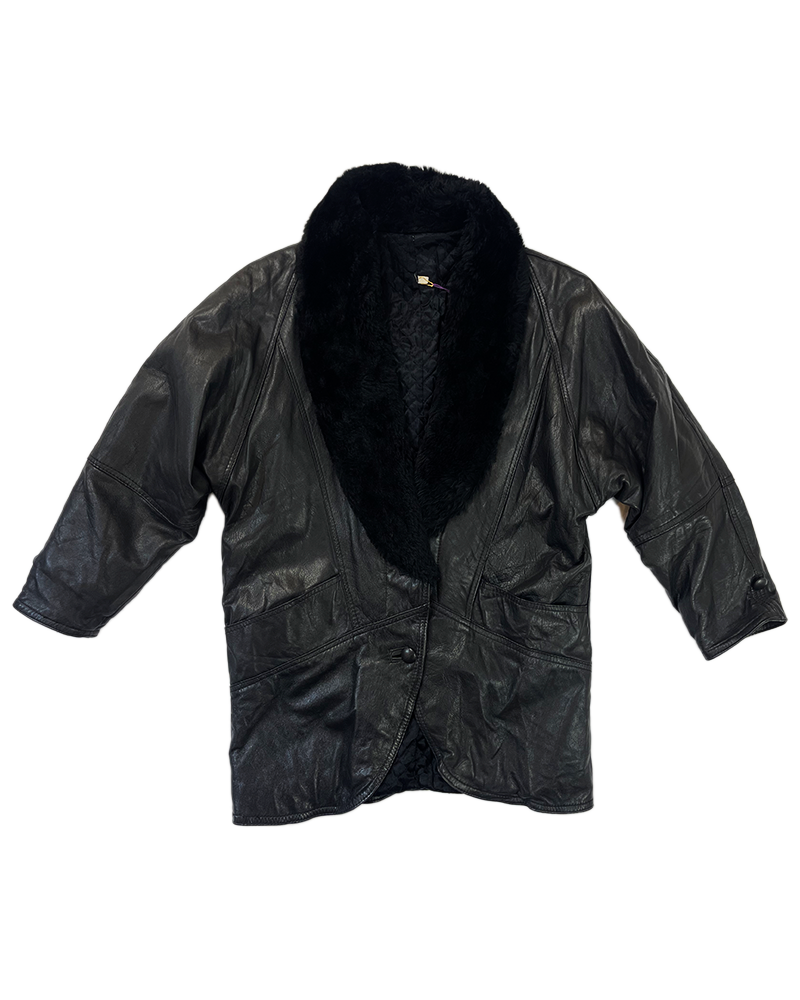 Fur Lapel Leather Black Jacket - Main