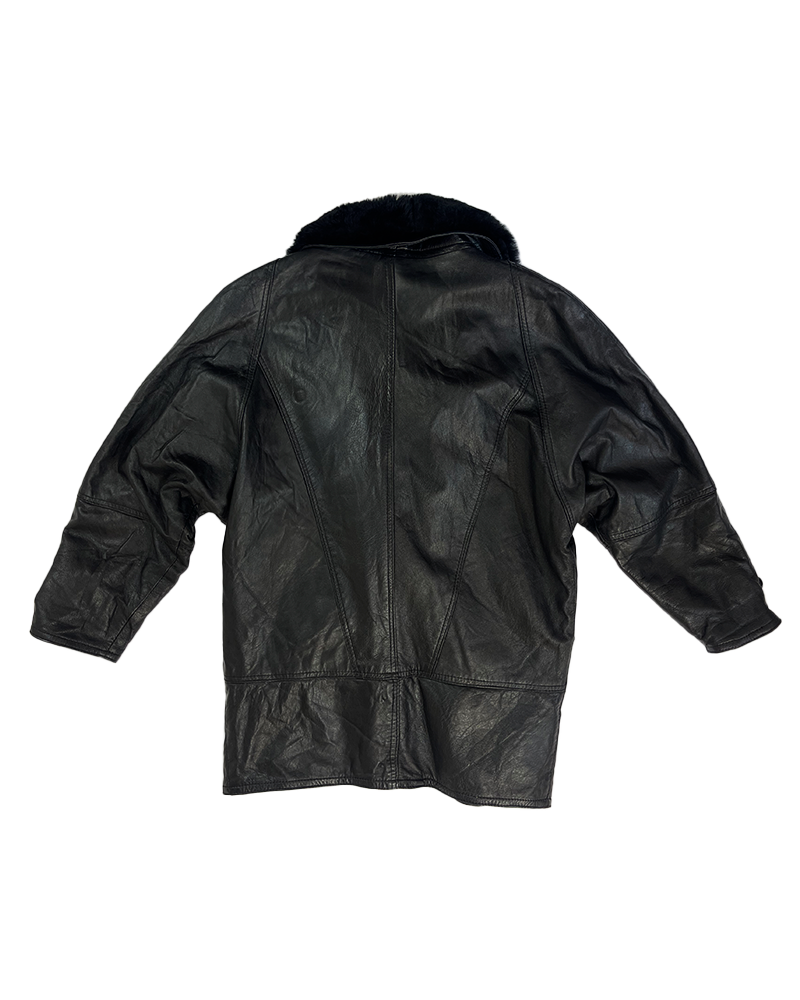 Fur Lapel Leather Black Jacket - Detailed view