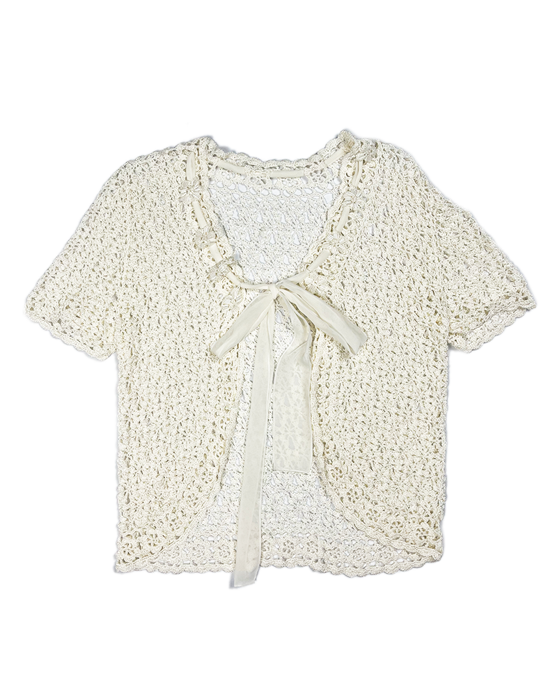 White Flake Crochet Bow Cardigan - Main