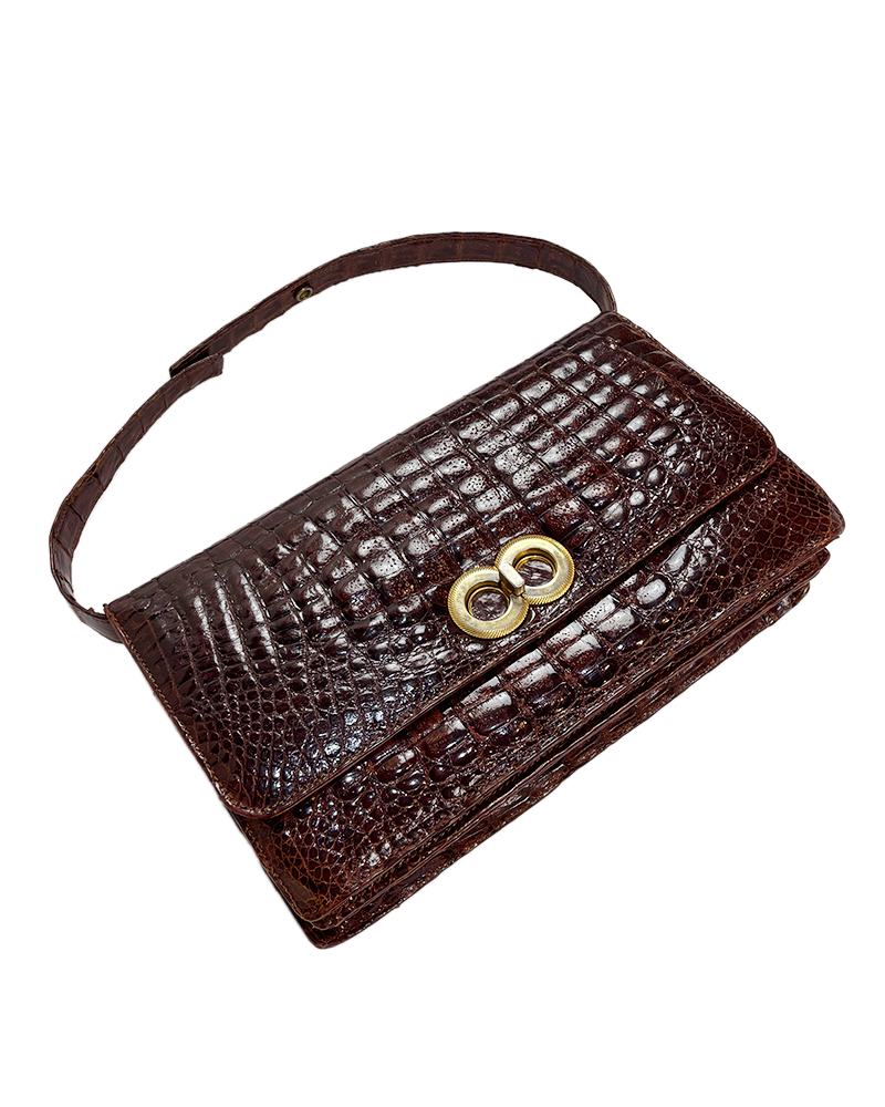 Authentic Brown Croco Leather Vinatge Bag - Main