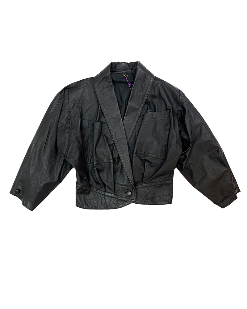 Crossbody Cropped Black Leather Jacket - Main