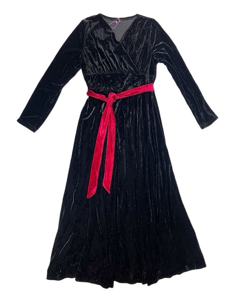 Black Velvet Whitch Long Dress with Red Belt - Main